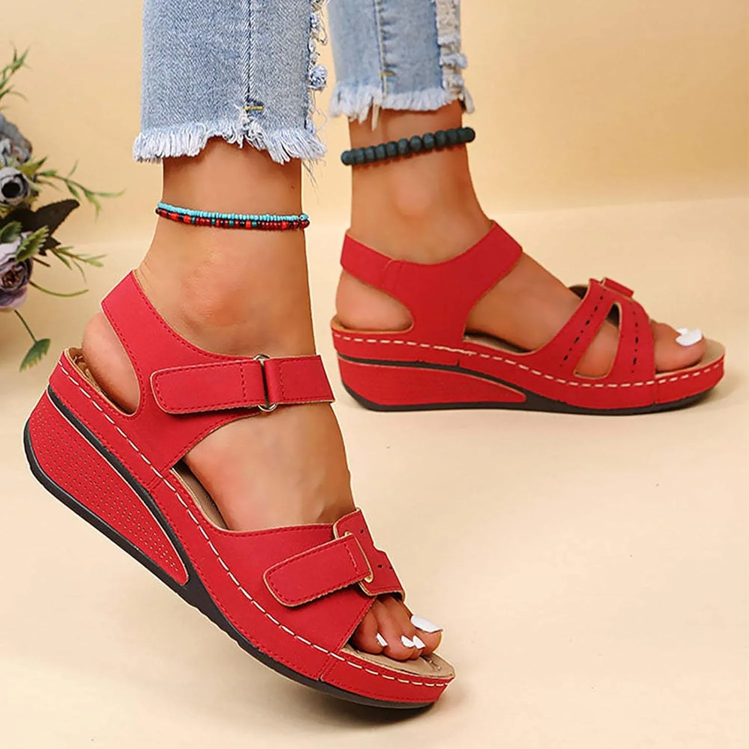Eduavar Womens Wedge Sandals, Orthopedic Sandals for Women Peep Toe Wedge Sandals Comfortable Ankle Strap Sandals