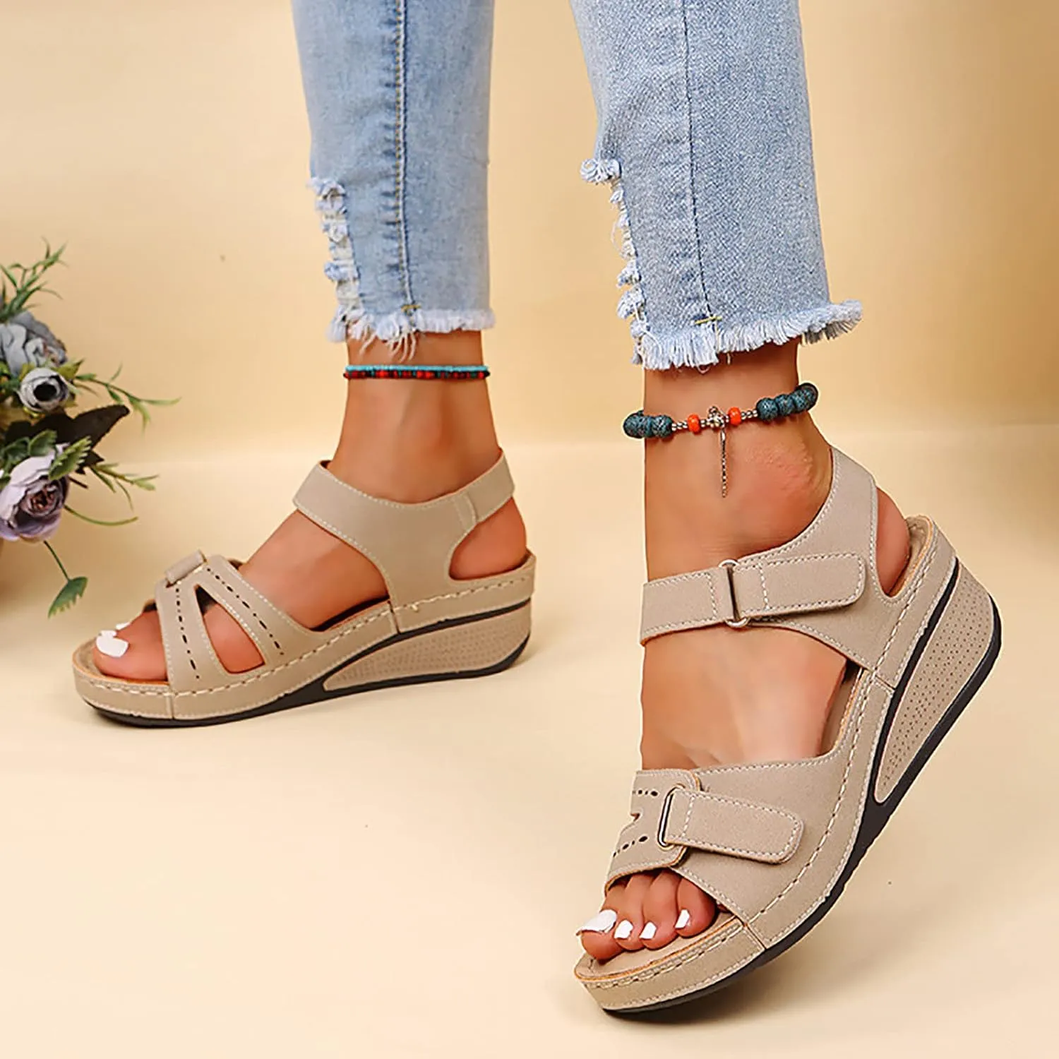 Eduavar Womens Wedge Sandals, Orthopedic Sandals for Women Peep Toe Wedge Sandals Comfortable Ankle Strap Sandals