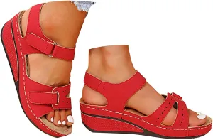 Eduavar Womens Wedge Sandals, Orthopedic Sandals for Women Peep Toe Wedge Sandals Comfortable Ankle Strap Sandals