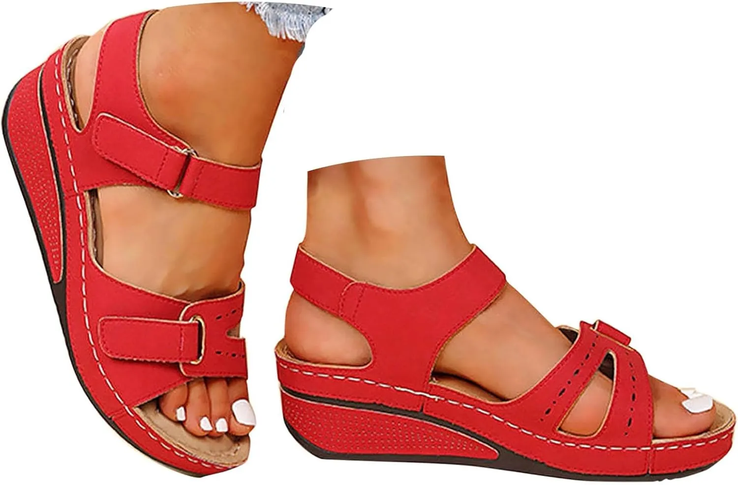 Eduavar Womens Wedge Sandals, Orthopedic Sandals for Women Peep Toe Wedge Sandals Comfortable Ankle Strap Sandals