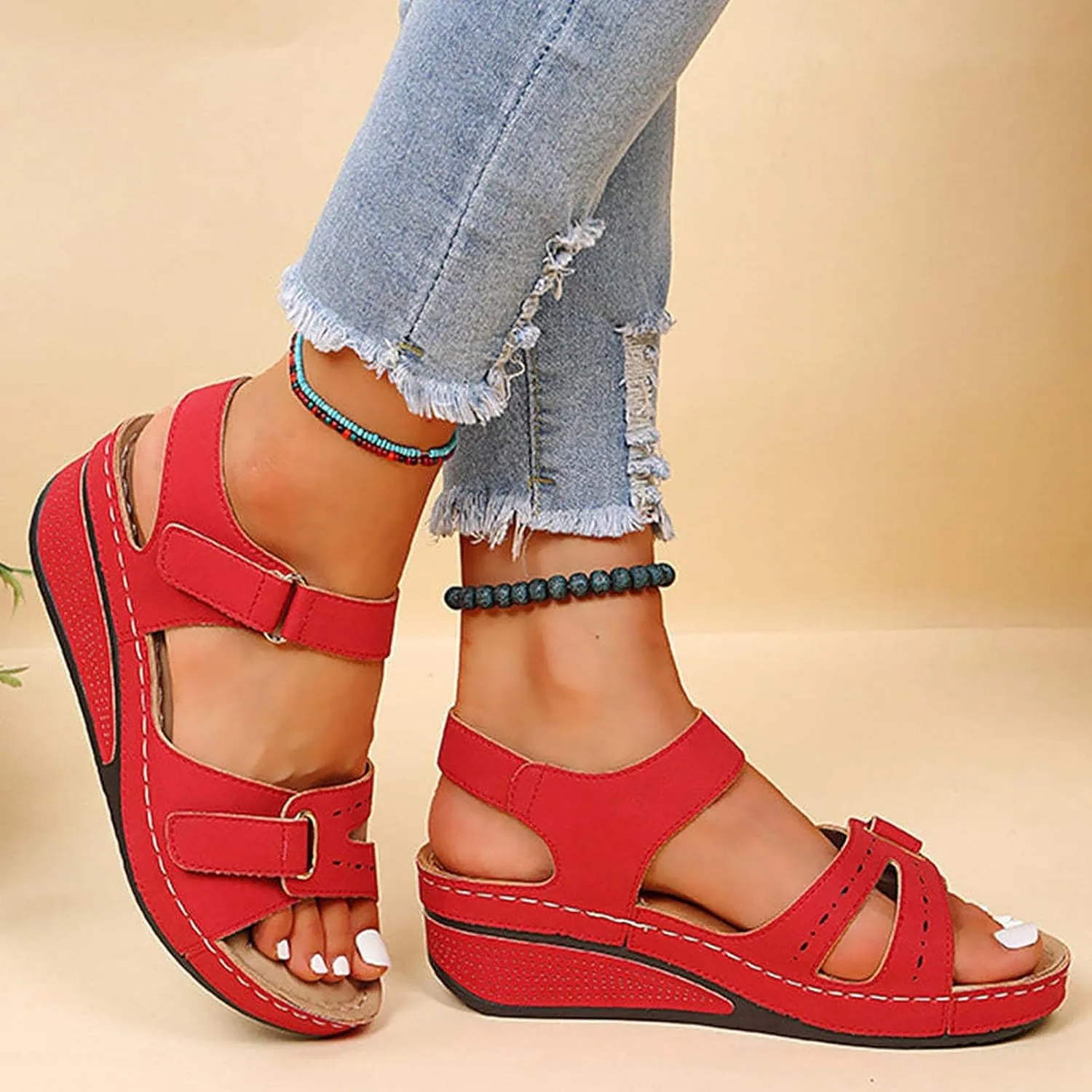 Eduavar Womens Wedge Sandals, Orthopedic Sandals for Women Peep Toe Wedge Sandals Comfortable Ankle Strap Sandals