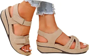 Eduavar Womens Wedge Sandals, Orthopedic Sandals for Women Peep Toe Wedge Sandals Comfortable Ankle Strap Sandals