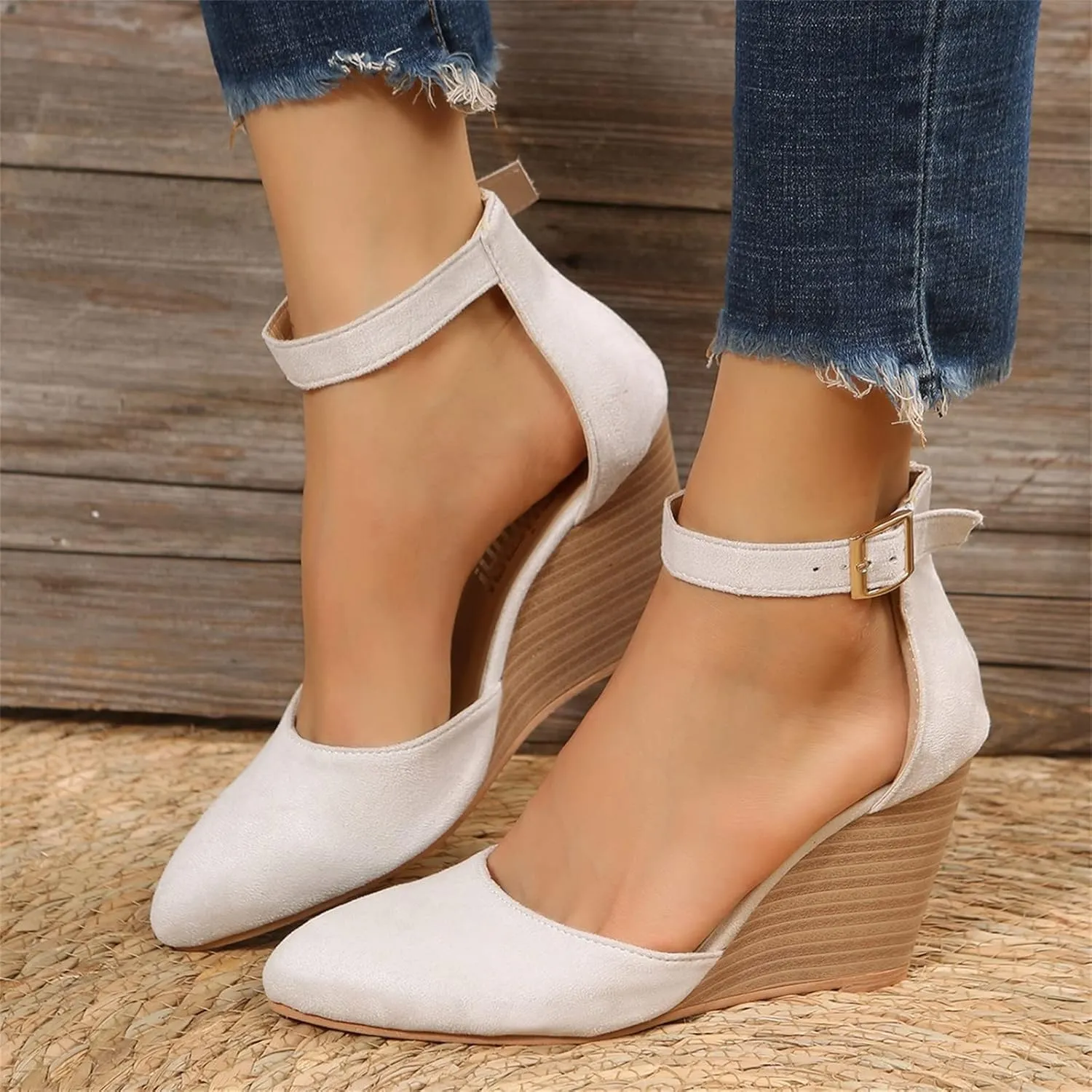Espadrilles Raffia Closed Toe Heels for Women,Pointed Toe Ankle Strap Dressy Platform Heel Womens Wedge Sandals Comfortable Walking Shoes Casual Boho Summer Beach Ladies Cork Wedges