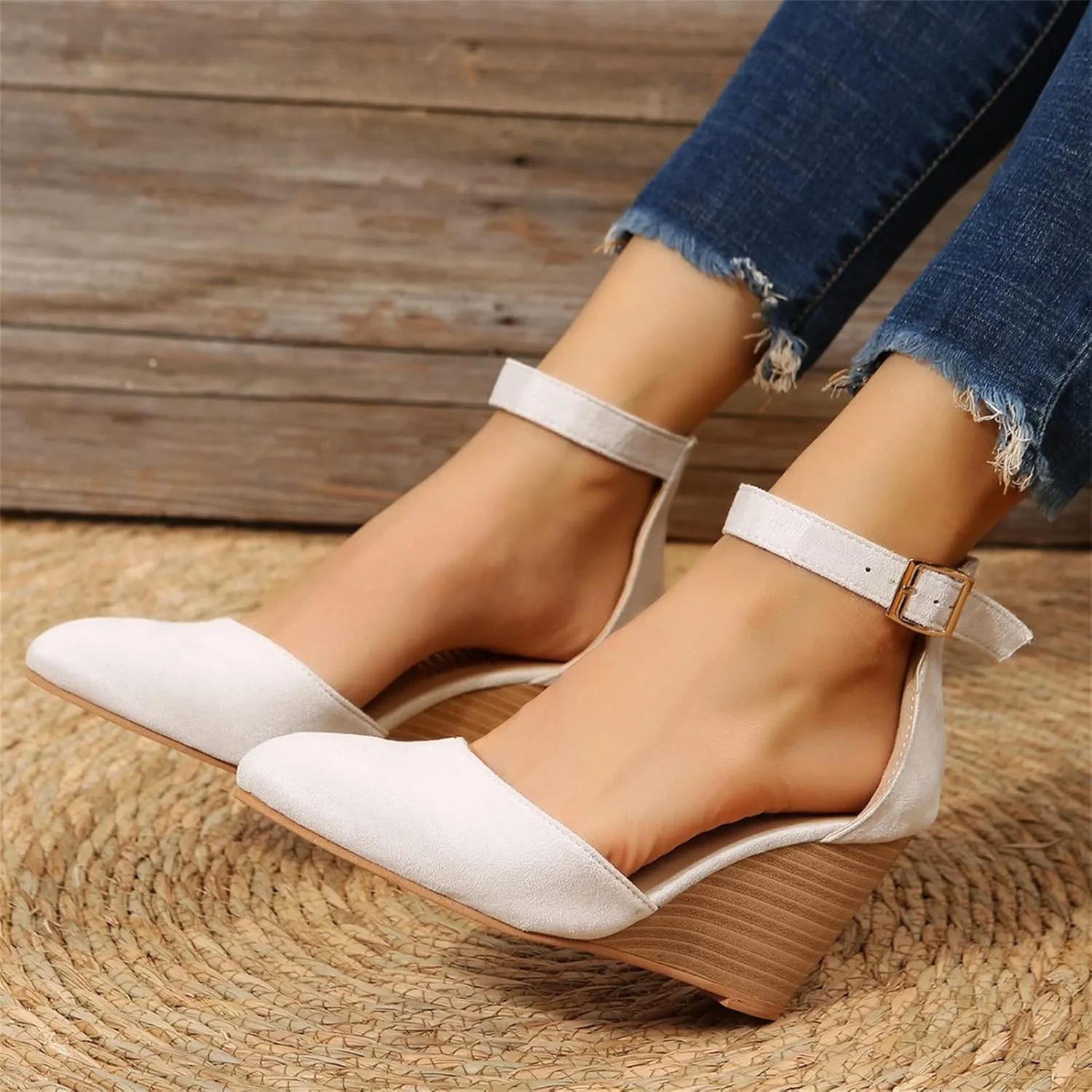 Espadrilles Raffia Closed Toe Heels for Women,Pointed Toe Ankle Strap Dressy Platform Heel Womens Wedge Sandals Comfortable Walking Shoes Casual Boho Summer Beach Ladies Cork Wedges