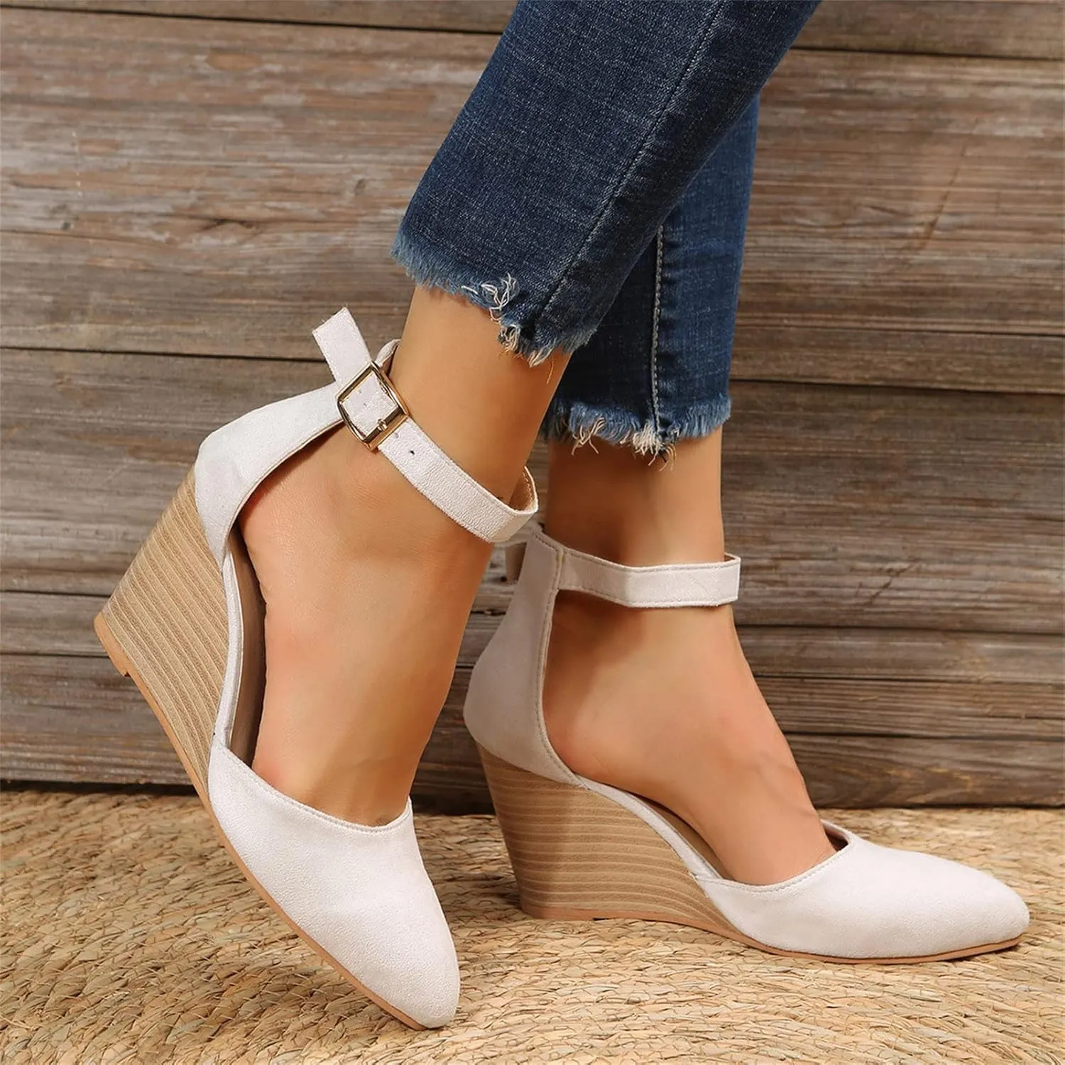 Espadrilles Raffia Closed Toe Heels for Women,Pointed Toe Ankle Strap Dressy Platform Heel Womens Wedge Sandals Comfortable Walking Shoes Casual Boho Summer Beach Ladies Cork Wedges