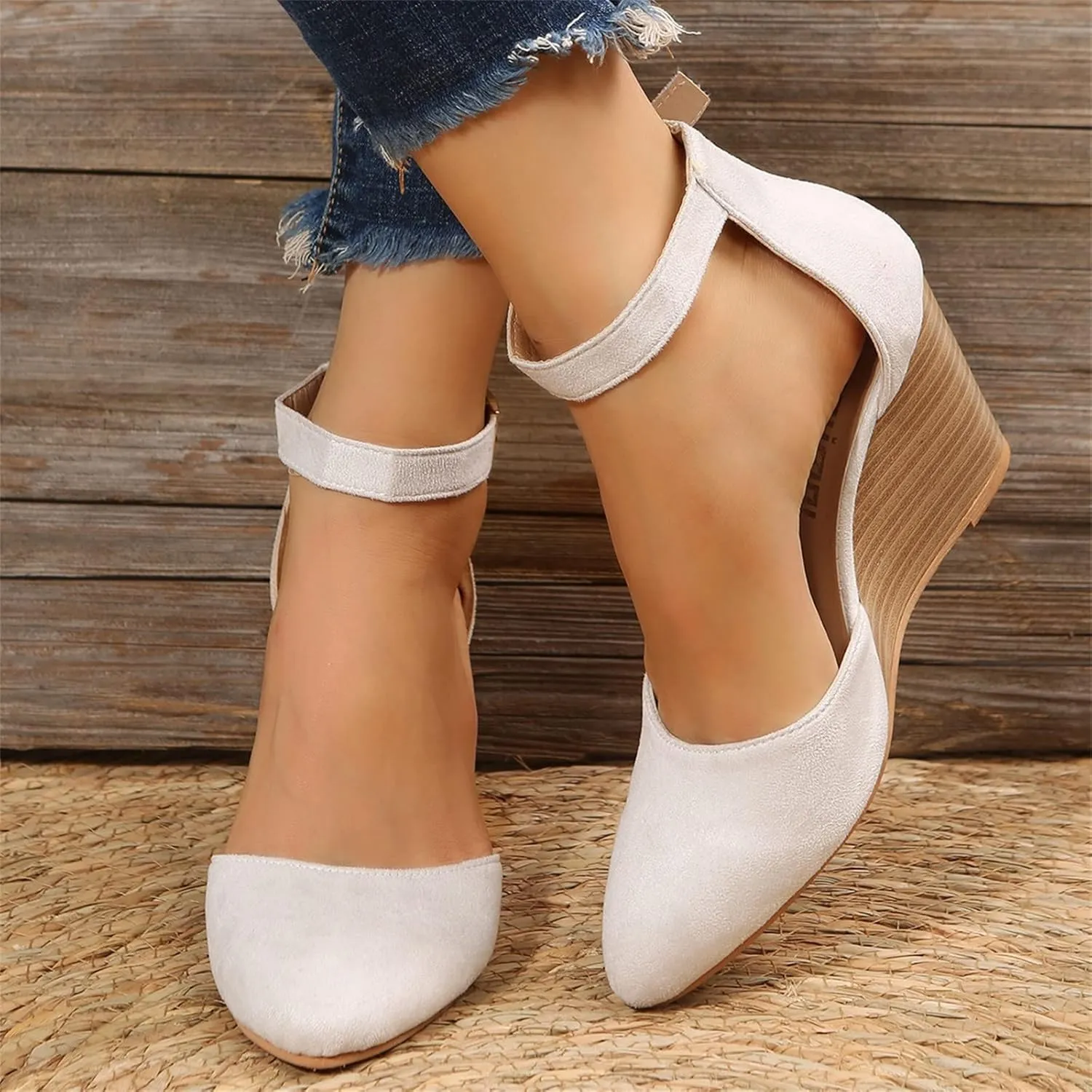 Espadrilles Raffia Closed Toe Heels for Women,Pointed Toe Ankle Strap Dressy Platform Heel Womens Wedge Sandals Comfortable Walking Shoes Casual Boho Summer Beach Ladies Cork Wedges