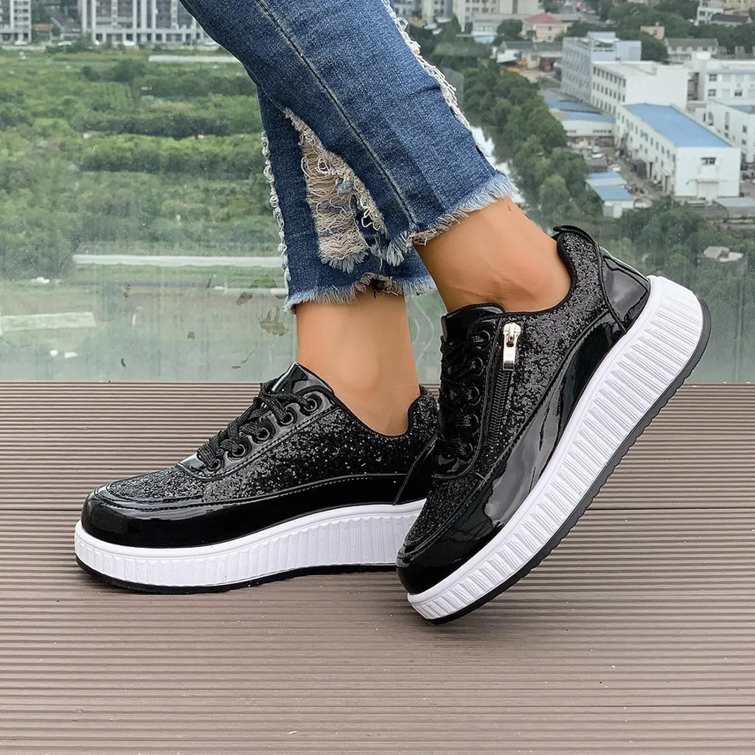 Fashion Sneakers For Women 2025 Platform,Womens White Platform Sneakers Canvas Platform Shoes for Women Black Casual Tennis Shoes Comfortable Walking Shoes for Women Slip on Lace Up Sneakers