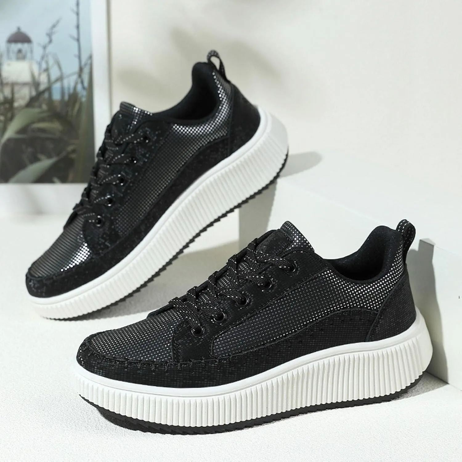 Fashion Sneakers For Women 2025 Platform,Womens White Platform Sneakers Canvas Platform Shoes for Women Black Casual Tennis Shoes Comfortable Walking Shoes for Women Slip on Lace Up Sneakers