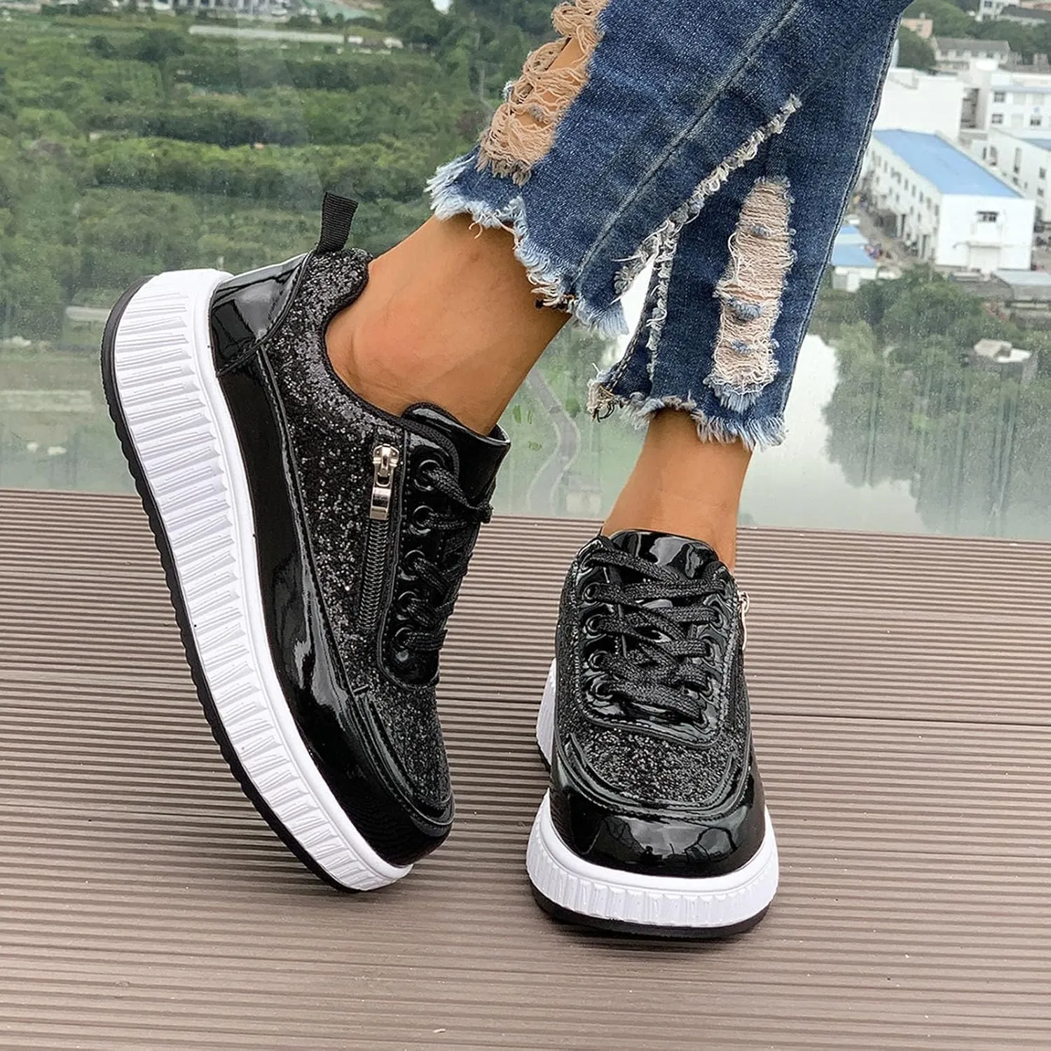 Fashion Sneakers For Women 2025 Platform,Womens White Platform Sneakers Canvas Platform Shoes for Women Black Casual Tennis Shoes Comfortable Walking Shoes for Women Slip on Lace Up Sneakers