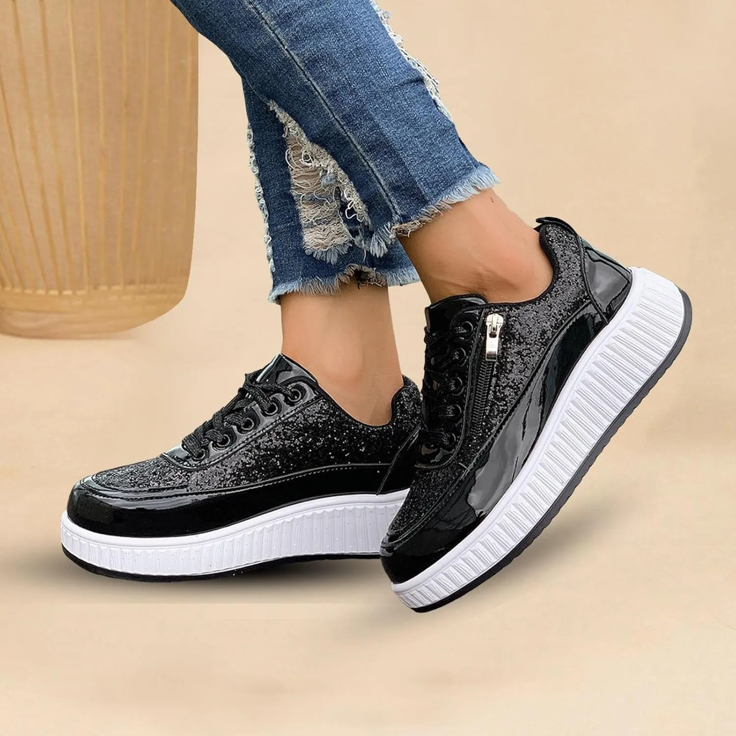 Fashion Sneakers For Women 2025 Platform,Womens White Platform Sneakers Canvas Platform Shoes for Women Black Casual Tennis Shoes Comfortable Walking Shoes for Women Slip on Lace Up Sneakers