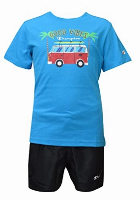 Anti Pilling Treatment Champion Completo per bambini e ragazzi Legacy Back To The Beach Graphic T-Shirt e Beachshorts 306392 BF004 ATB sky-black