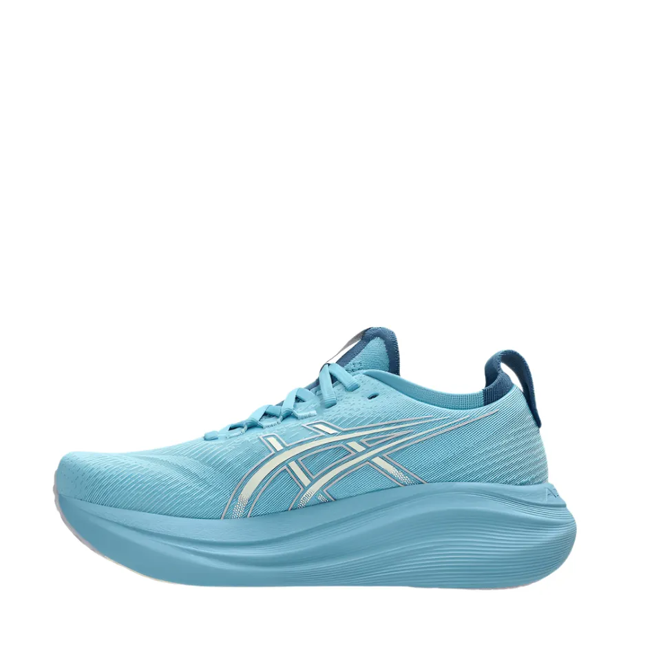 ASICS Women's GEL-NIMBUS 27 Running Shoes in Still Water/Cream AW25 Soft Entry Reinforced Eyelet Construction