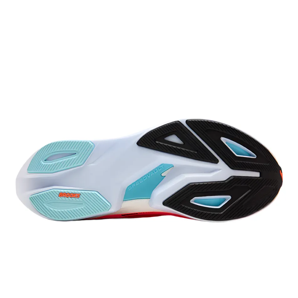 Brooks Men's Hyperion Max 3 Running Shoes in Fiery Coral/Black/Atomizer AW25 running in a wooden bridge area shoes