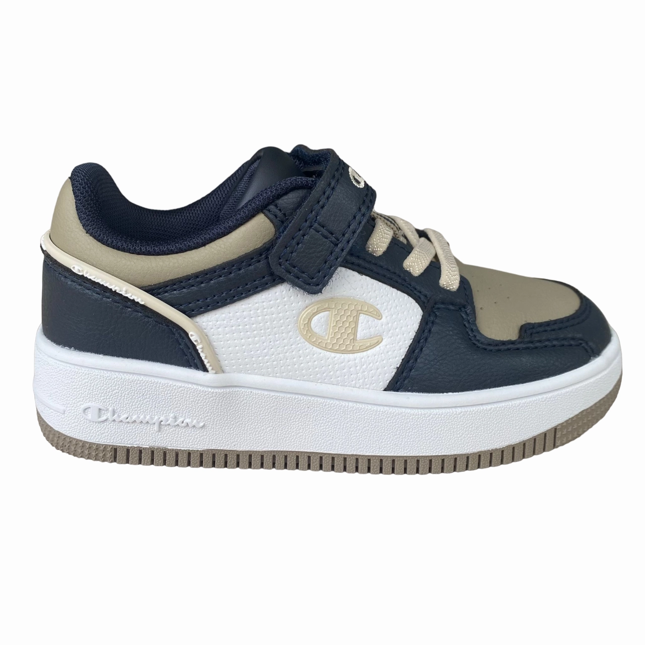 Champion scarpa sneakers da bambino con laccio elastico Rebound 2.0 Low S32414 blu-bianco-beige Wide Stance Base