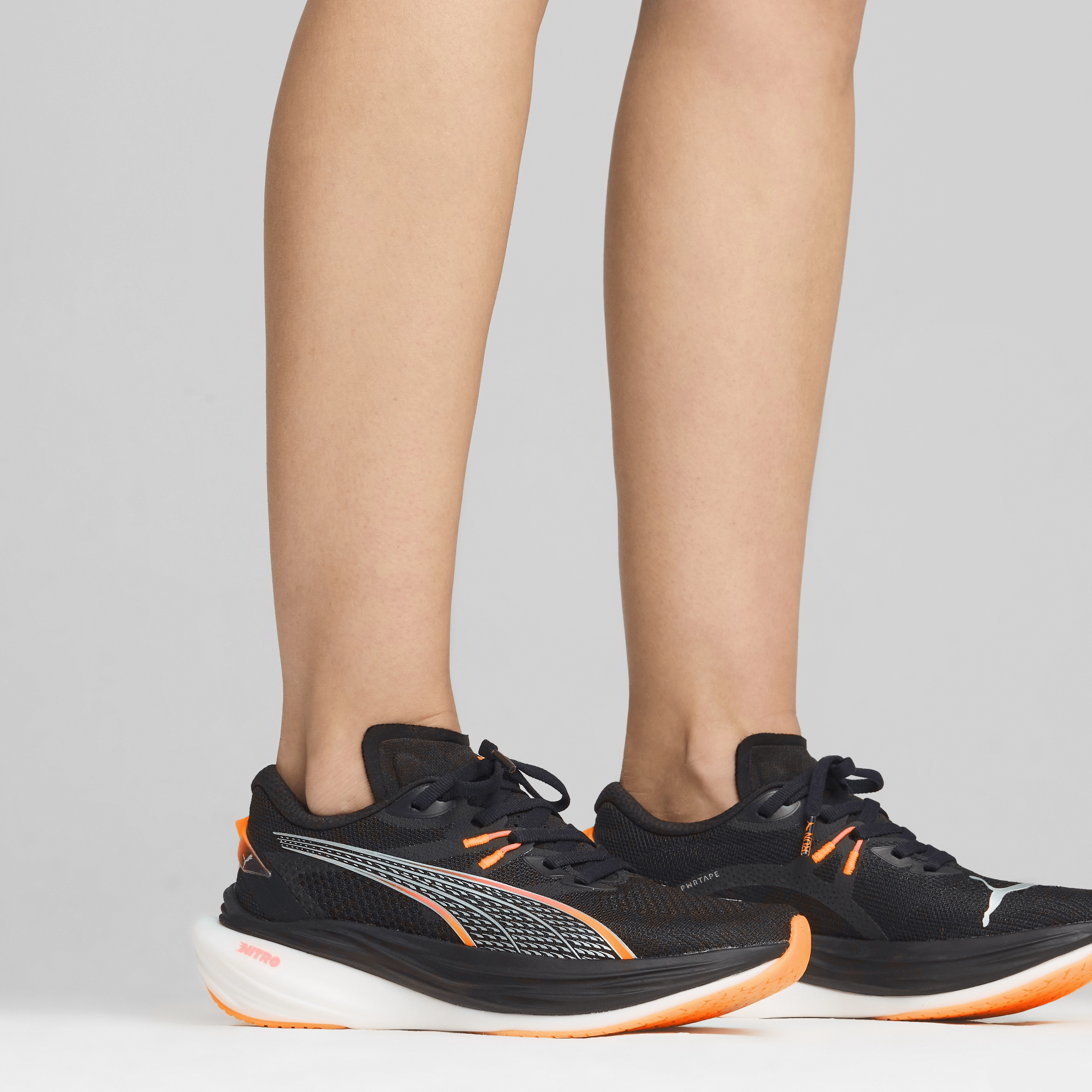 Pressure Dispersing Design Puma Women's Deviate Nitro 3 Running Shoes in Black/Sunset Glow/Sun Stream AW24