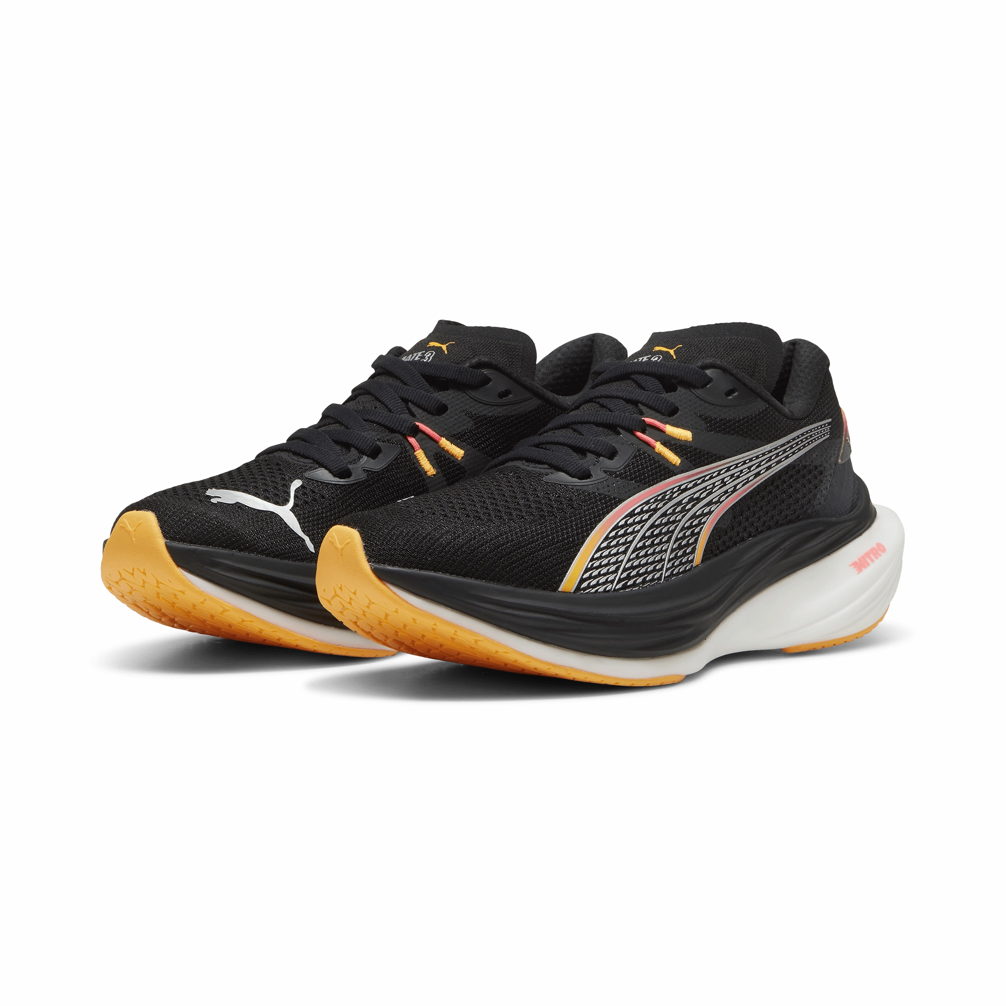 EVA sole shoes Puma Women's Deviate Nitro 3 Running Shoes in Black/Sunset Glow/Sun Stream AW24