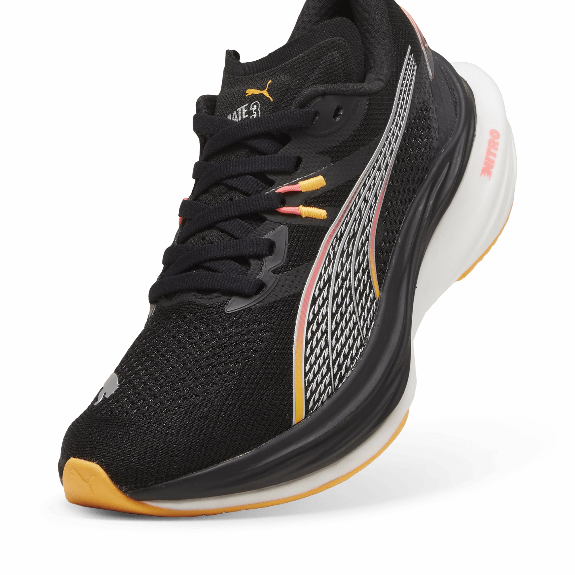 Heel Stabilization Tech Durable Toe Guard Puma Women's Deviate Nitro 3 Running Shoes in Black/Sunset Glow/Sun Stream AW24