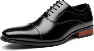Formal Oxford Shoes for Men Lace Up Cap Toe Black Burnished Toe Genuine Leather Anti-Slip Block Heel Slip Resistant Business