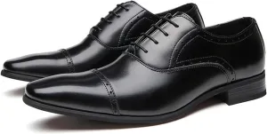 Formal Oxford Shoes for Men Lace Up Cap Toe Black Burnished Toe Leather Rubber Sole Low Top Slip Resistant Wedding