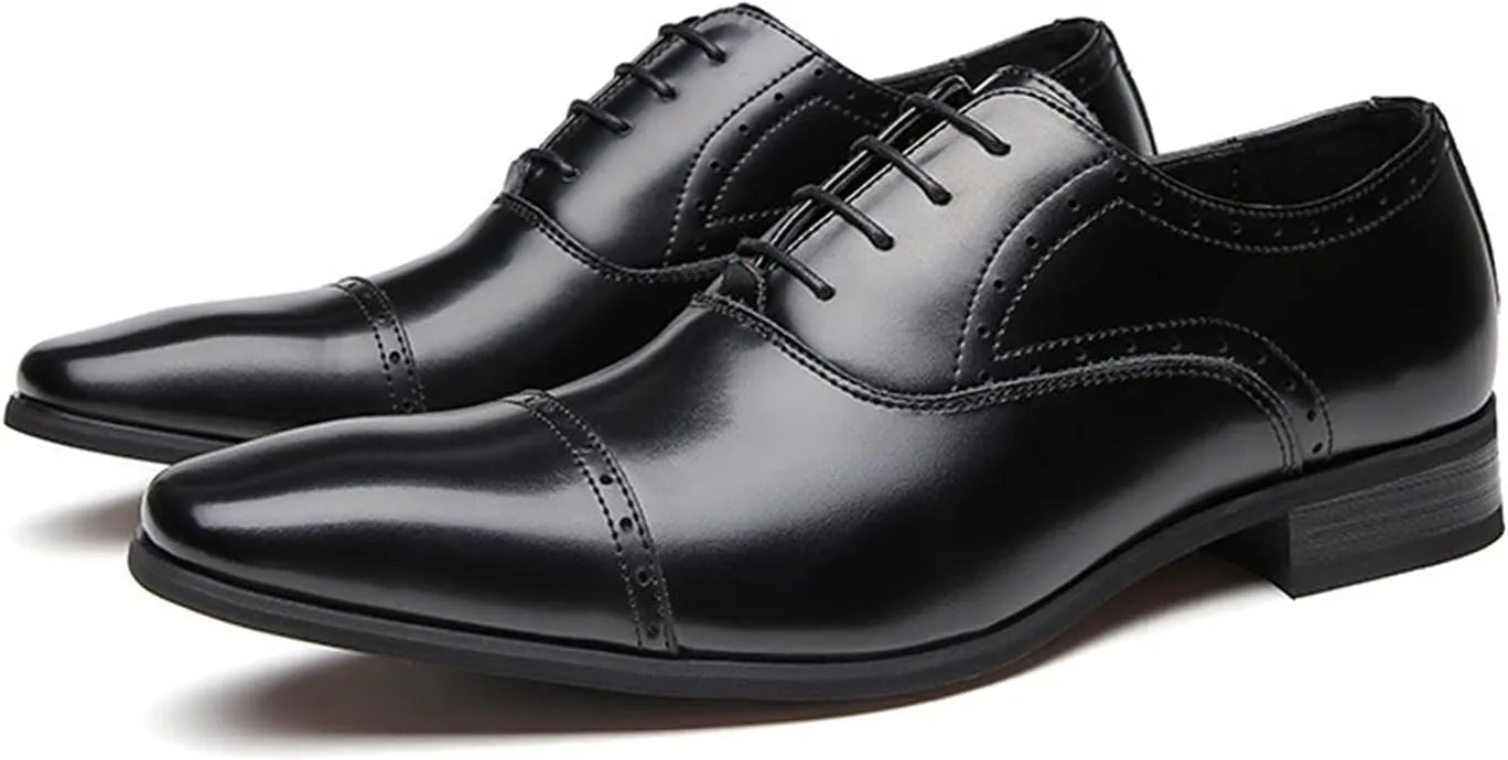 Formal Oxford Shoes for Men Lace Up Cap Toe Black Burnished Toe Leather Rubber Sole Low Top Slip Resistant Wedding