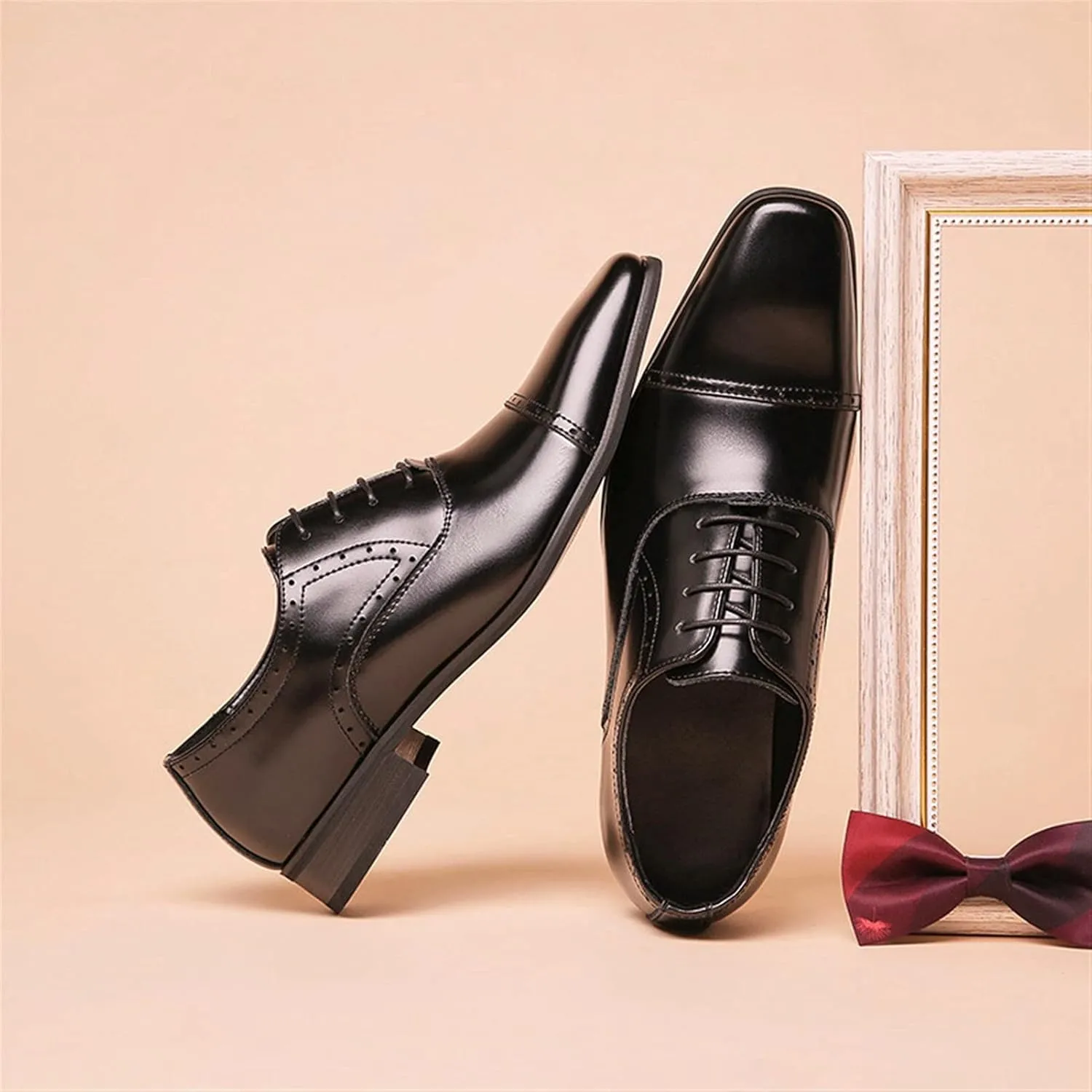 Formal Oxford Shoes for Men Lace Up Cap Toe Black Burnished Toe Leather Rubber Sole Low Top Slip Resistant Wedding