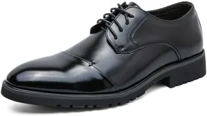 Formal Shoes Dress Oxford for Men Lace Up Round Burnished Toe PU Leather Cap Toe Derby Shoes Rubber Sole Slip Resistant Anti-Slip Low Top Non Slip