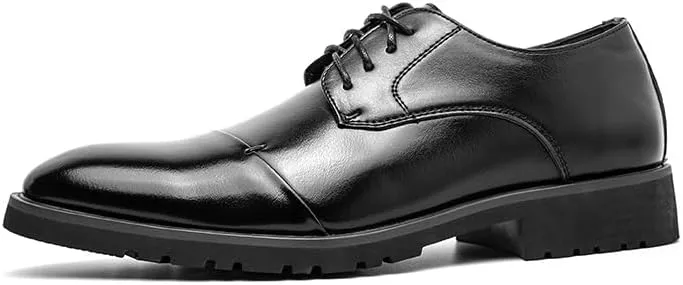 Formal Shoes Dress Oxford for Men Lace Up Round Burnished Toe PU Leather Cap Toe Derby Shoes Rubber Sole Slip Resistant Anti-Slip Low Top Non Slip