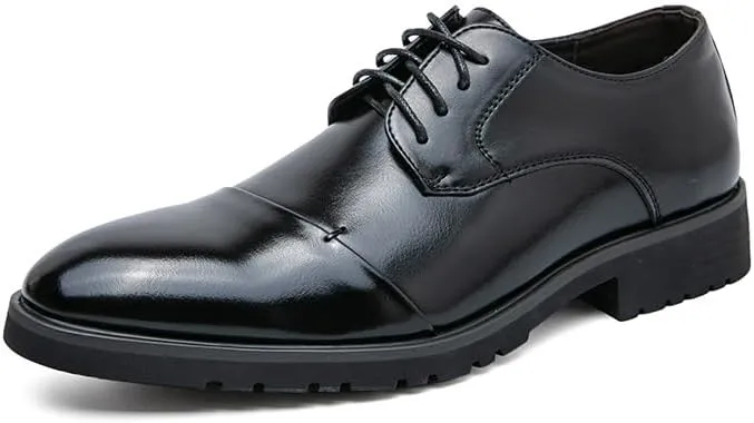 Formal Shoes Dress Oxford for Men Lace Up Round Burnished Toe PU Leather Cap Toe Derby Shoes Rubber Sole Slip Resistant Anti-Slip Low Top Non Slip