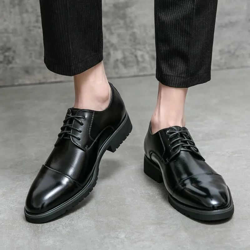 Formal Shoes Dress Oxford for Men Lace Up Round Burnished Toe PU Leather Cap Toe Derby Shoes Rubber Sole Slip Resistant Anti-Slip Low Top Non Slip
