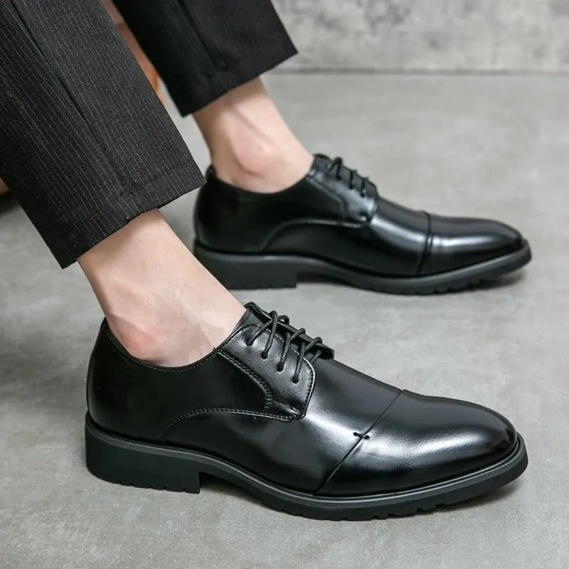 Formal Shoes Dress Oxford for Men Lace Up Round Burnished Toe PU Leather Cap Toe Derby Shoes Rubber Sole Slip Resistant Anti-Slip Low Top Non Slip