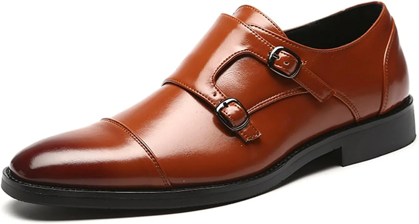 Formal Shoes Dress Oxford for Men Slip On Monk Strap Cap Toe Black Burnished Toe PU Leather Block Heel Rubber Sole Non Slip Walking