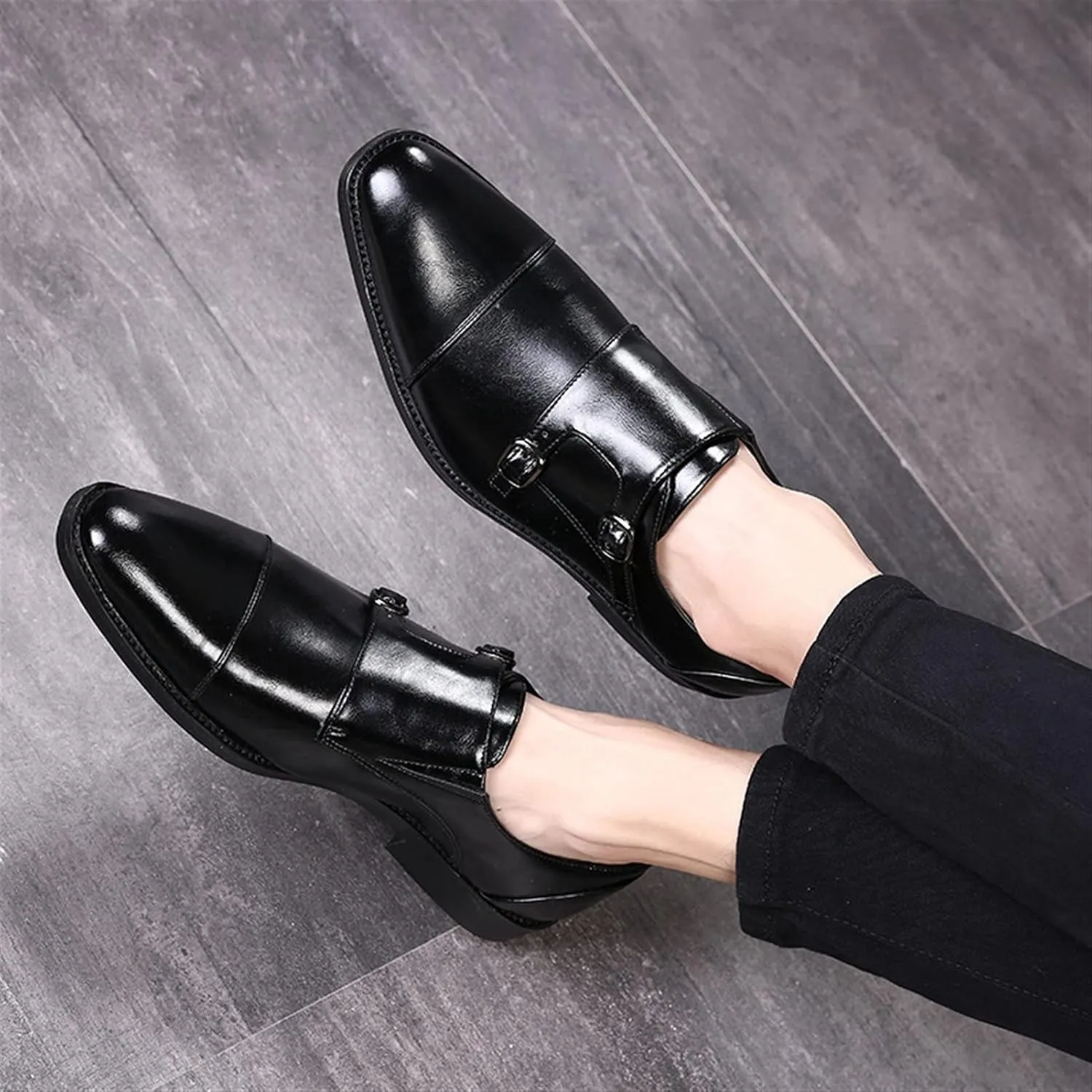 Formal Shoes Dress Oxford for Men Slip On Monk Strap Cap Toe Black Burnished Toe PU Leather Block Heel Rubber Sole Non Slip Walking