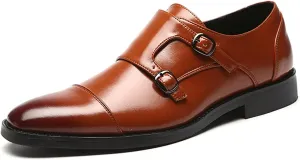 Formal Shoes Dress Oxford for Men Slip On Monk Strap Cap Toe Black Burnished Toe PU Leather Block Heel Rubber Sole Non Slip Walking