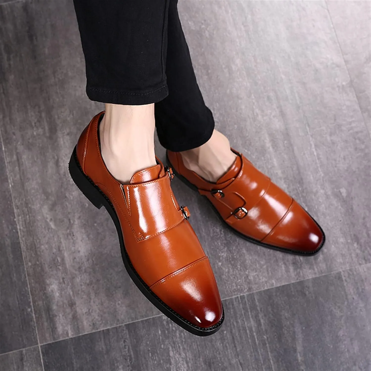 Formal Shoes Dress Oxford for Men Slip On Monk Strap Cap Toe Black Burnished Toe PU Leather Block Heel Rubber Sole Non Slip Walking