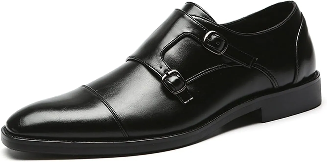Formal Shoes Dress Oxford for Men Slip On Monk Strap Cap Toe Black Burnished Toe PU Leather Block Heel Rubber Sole Non Slip Walking