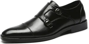 Formal Shoes Dress Oxford for Men Slip On Monk Strap Cap Toe Black Burnished Toe PU Leather Block Heel Rubber Sole Non Slip Walking