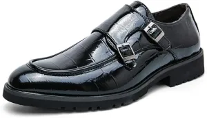 Formal Shoes Dress Oxford for Men Slip On Round Toe PU Leather Apron Toe Double Monk Strap Block Heel Anti-Slip Low Top Casual