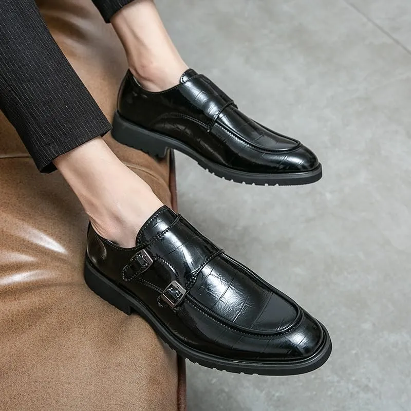 Formal Shoes Dress Oxford for Men Slip On Round Toe PU Leather Apron Toe Double Monk Strap Block Heel Anti-Slip Low Top Casual