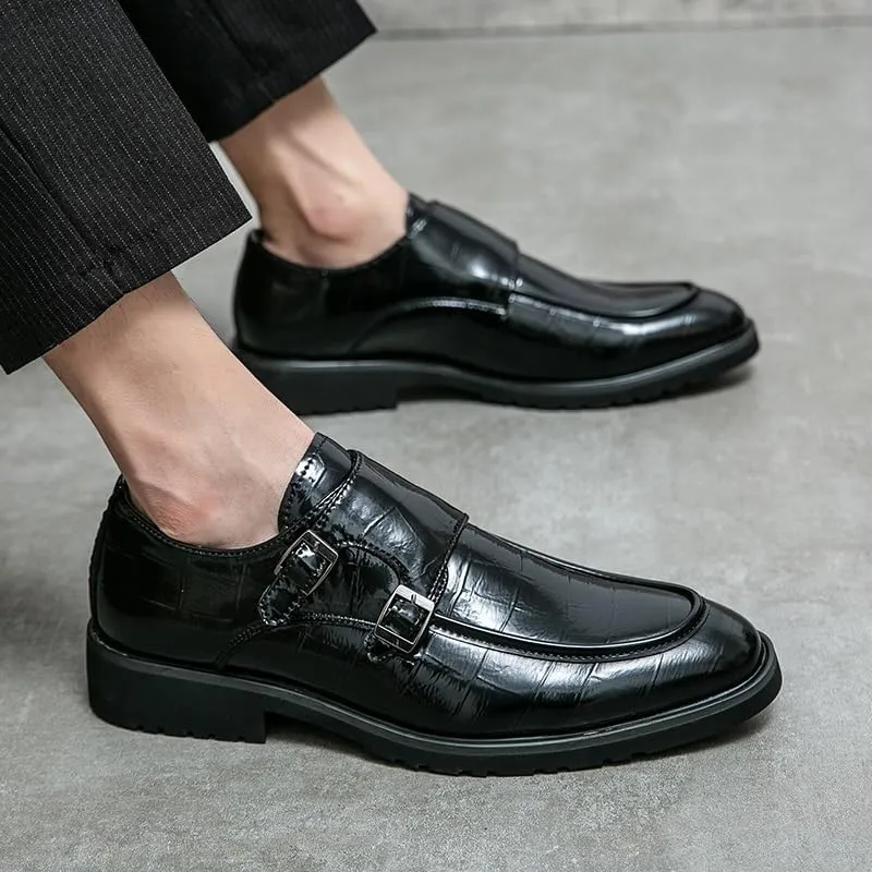 Formal Shoes Dress Oxford for Men Slip On Round Toe PU Leather Apron Toe Double Monk Strap Block Heel Anti-Slip Low Top Casual
