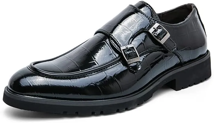 Formal Shoes Dress Oxford for Men Slip On Round Toe PU Leather Apron Toe Double Monk Strap Block Heel Anti-Slip Low Top Casual
