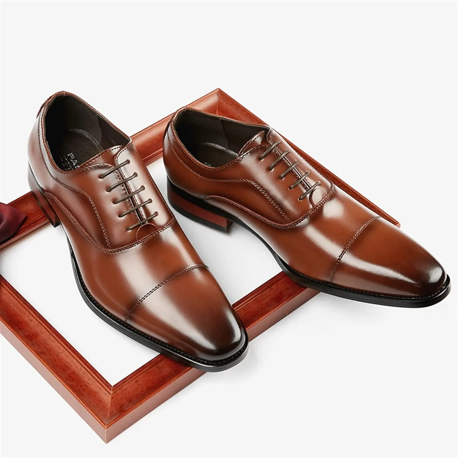 Formal Shoes for Men Lace Up Cap Toe Black Burnished Toe Genuine Leather Anti-Slip Non Slip Resistant Low Top Rubber Sole Classic