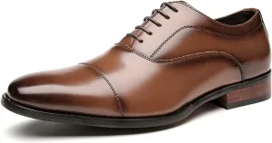Formal Shoes for Men Lace Up Cap Toe Black Burnished Toe Genuine Leather Anti-Slip Non Slip Resistant Low Top Rubber Sole Classic