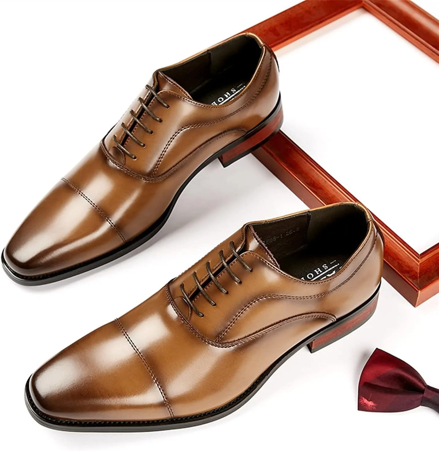 Formal Shoes for Men Lace Up Cap Toe Black Burnished Toe Genuine Leather Anti-Slip Non Slip Resistant Low Top Rubber Sole Classic