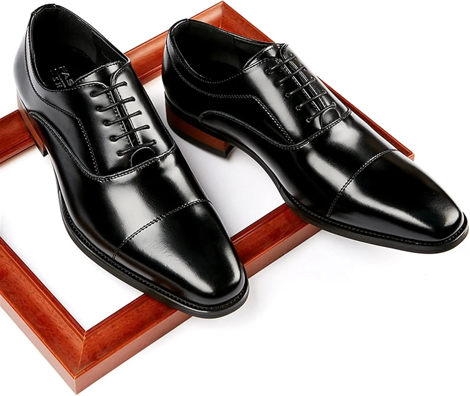 Formal Shoes for Men Lace Up Cap Toe Black Burnished Toe Genuine Leather Anti-Slip Non Slip Resistant Low Top Rubber Sole Classic