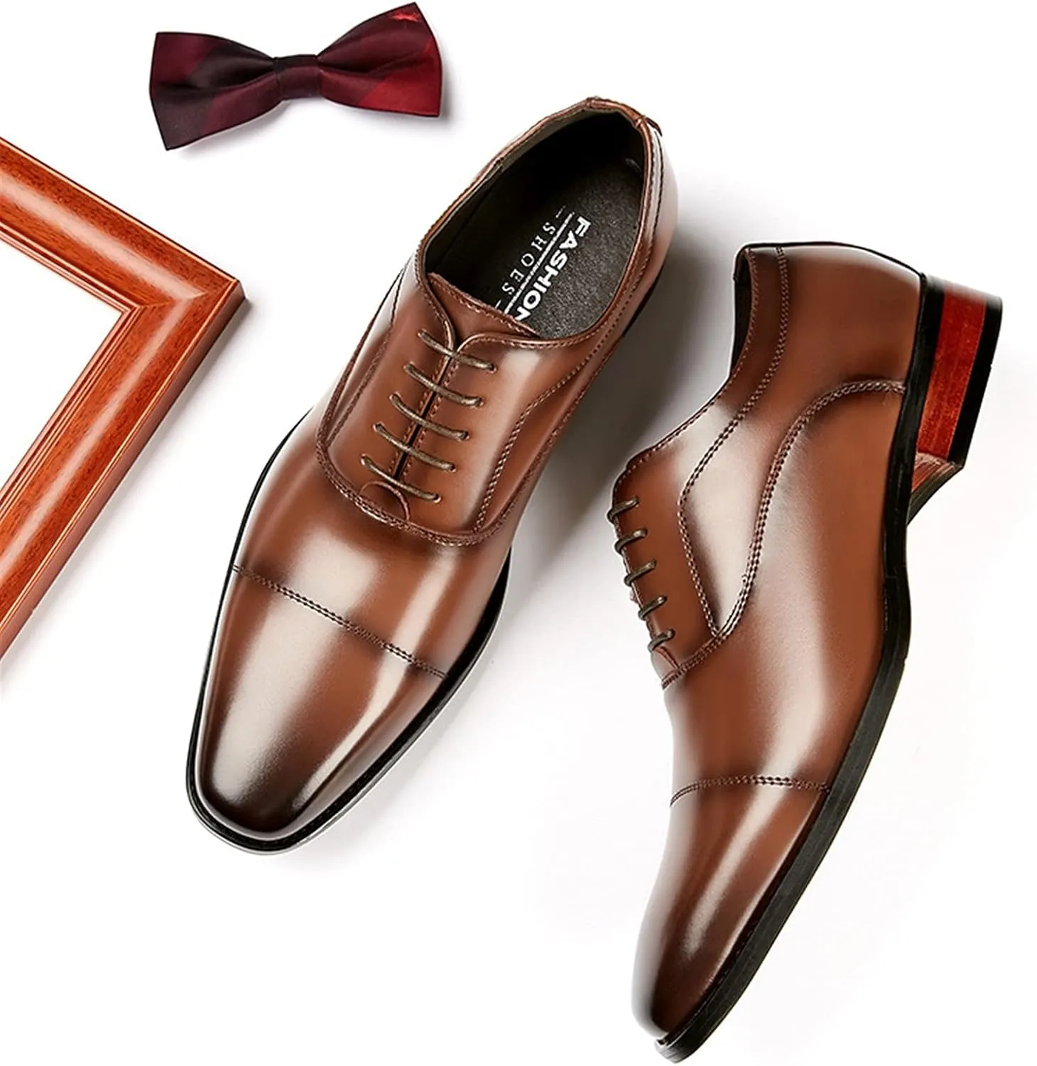 Formal Shoes for Men Lace Up Cap Toe Black Burnished Toe Genuine Leather Anti-Slip Non Slip Resistant Low Top Rubber Sole Classic