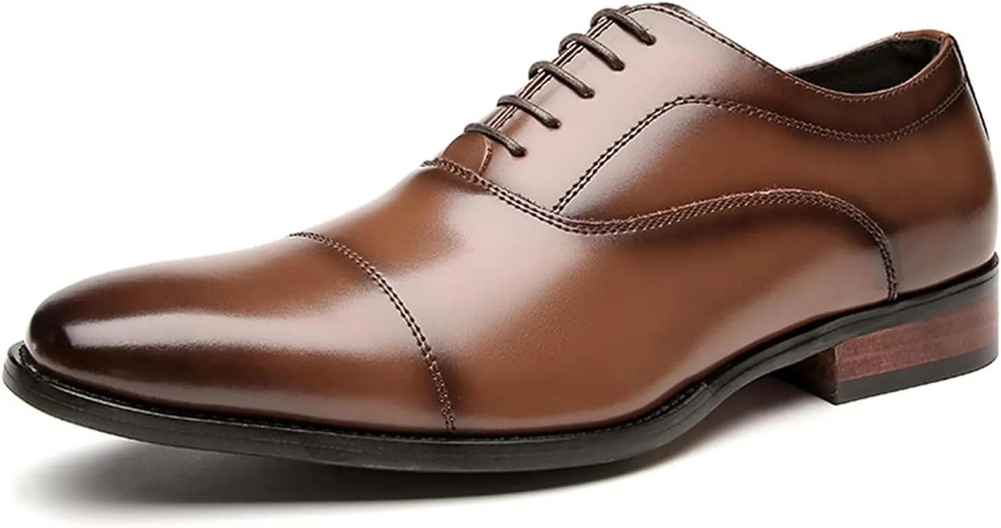 Formal Shoes for Men Lace Up Cap Toe Black Burnished Toe Genuine Leather Anti-Slip Non Slip Resistant Low Top Rubber Sole Classic