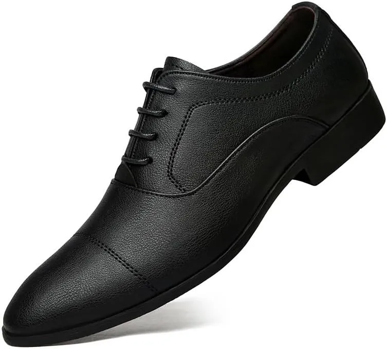 Formal Shoes for Men Lace Up Pointed Toe Vegan Leather Cap Toe Derby Shoes Low Top Anti-Slip Rubber Sole Resistant Non Slip Classic