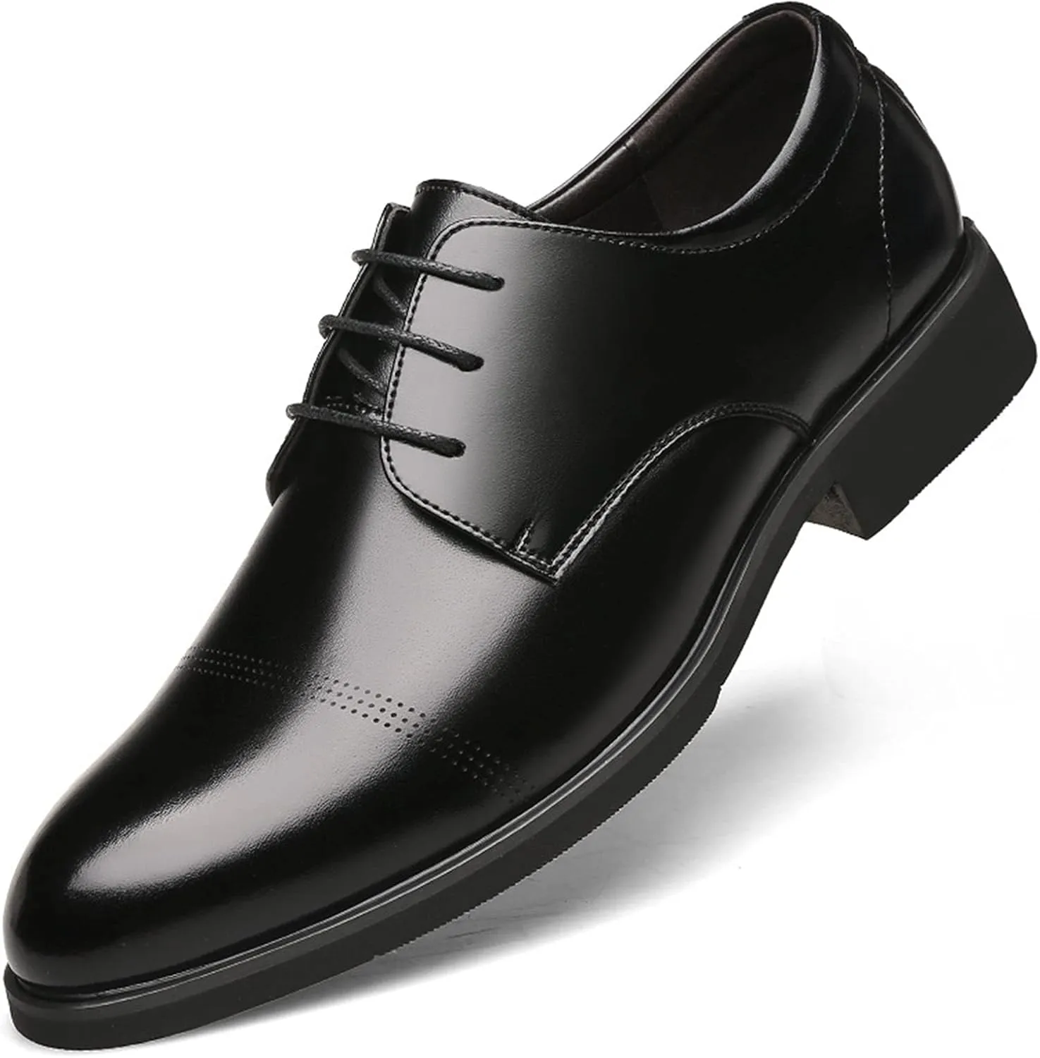 Formal Shoes for Men Lace Up Round Cap Toe Derby Shoes Cowhide Block Heel Low Top Anti-Slip Wedding