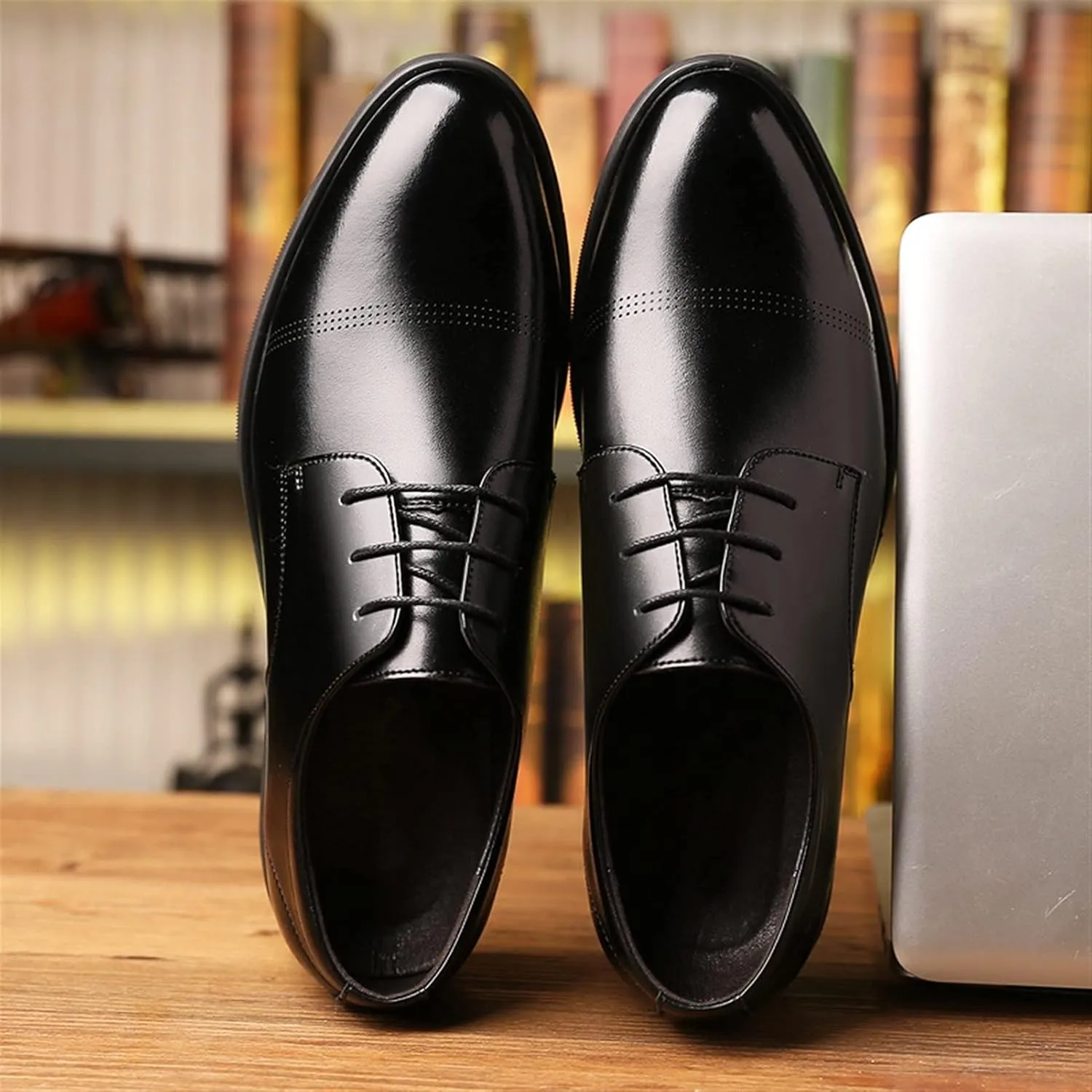 Formal Shoes for Men Lace Up Round Cap Toe Derby Shoes Cowhide Block Heel Low Top Anti-Slip Wedding