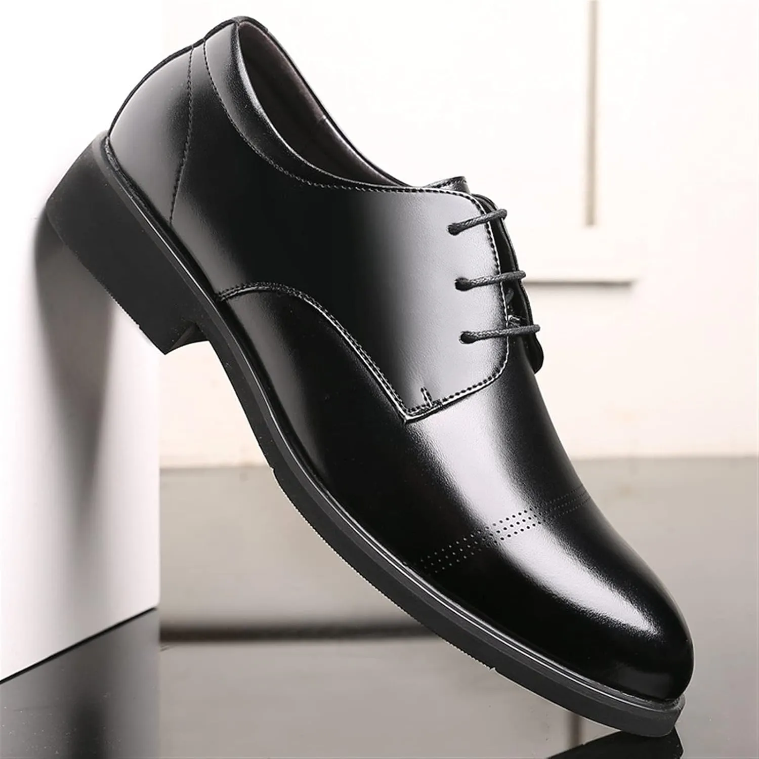 Formal Shoes for Men Lace Up Round Cap Toe Derby Shoes Cowhide Block Heel Low Top Anti-Slip Wedding